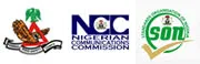 Three regulatory emblems displayed by PrimeTrack: the coat of arms of the Federal Republic of Nigeria, the Nigerian Communications Commission (NCC), and the Standards Organisation of Nigeria (SON).