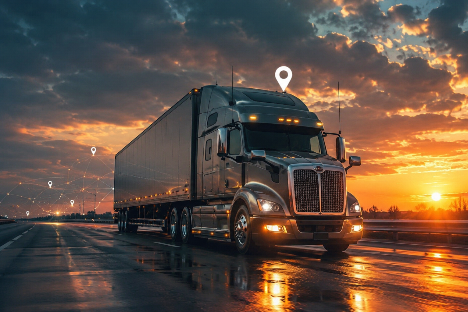 PrimeSOLAR promotional graphic: a long-haul truck at sunset beneath a GPS location pin, captioned with the tracker’s features: 3-year battery lifespan, SIM-loss proof, tamper proof, water proof, removal proof, power-off proof, temperature proof, and SMS notifications for movement, incident and breach alerts.