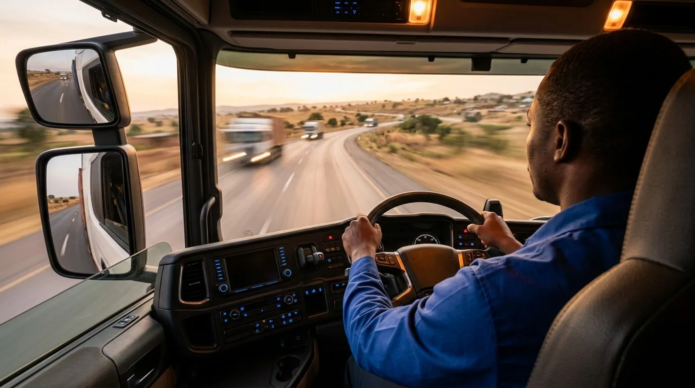 A truck driver at the wheel on an open highway, seen from inside the cab.