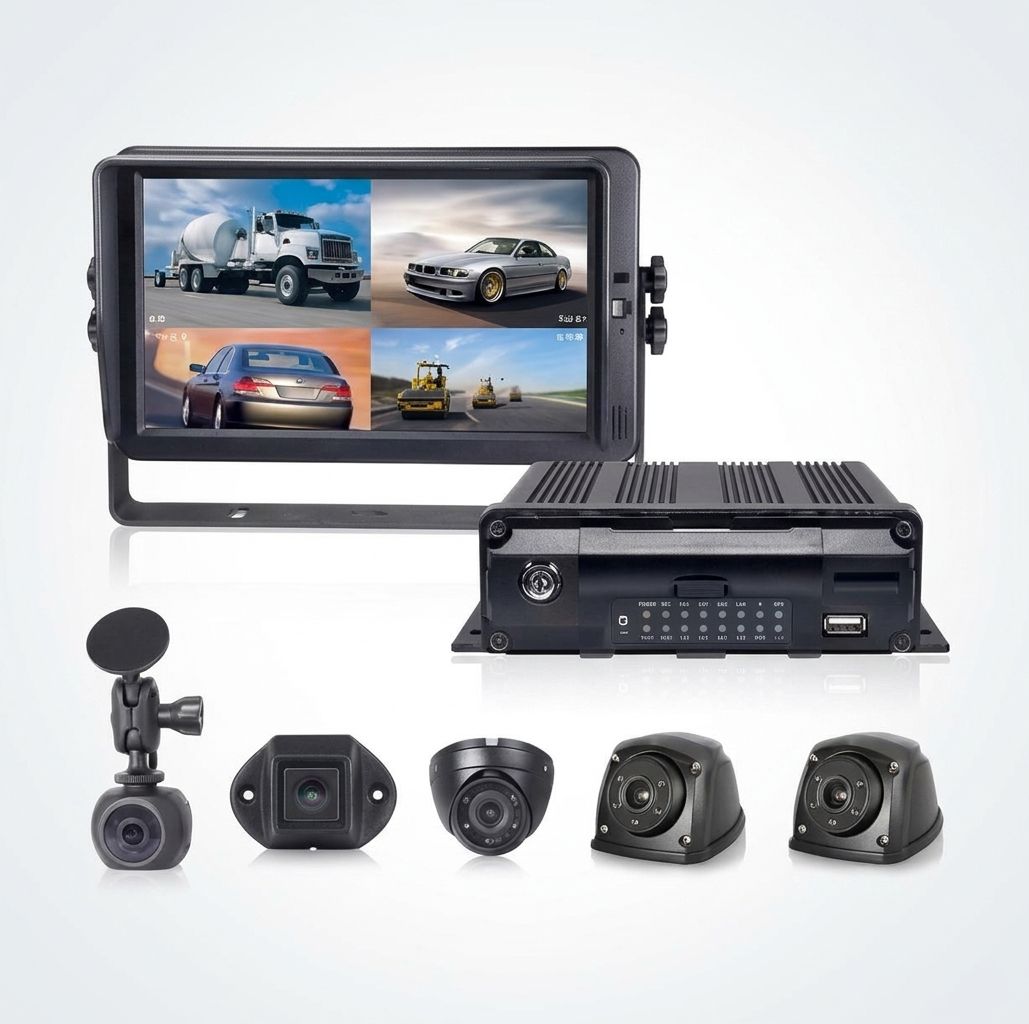 A vehicle video telematics kit: a monitor displaying four camera feeds at once, a mobile DVR recorder unit, and five vehicle cameras including windscreen, flush-mount, dome and side-mounted types.