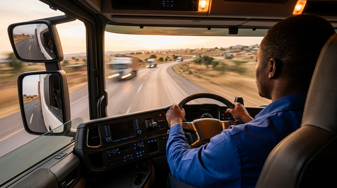 A photograph of a driver-behaviour review actually happening, such as a fleet manager and driver going over reports, or a depot briefing. Do NOT substitute a mocked-up dashboard screenshot.